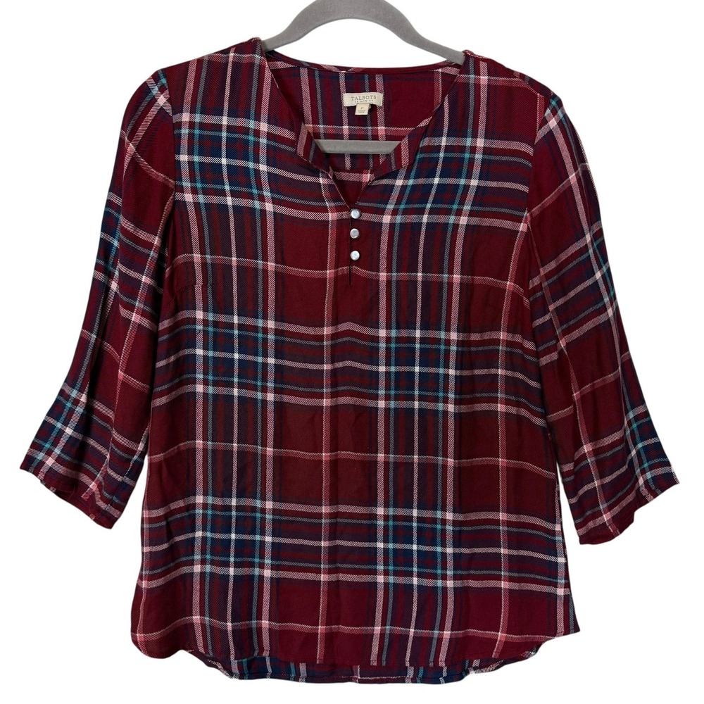 Talbots Blouse Womens Petite P Red Plaid Henley 3/4 Sleeve Lightweight Top